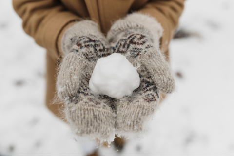 Woman Holding Snowball in Mittened Hands